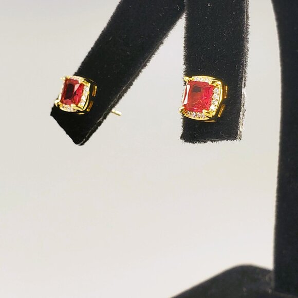 14K Gold Mens Square 2ct Red Ruby Gemstone 1ct Diamond Stud Earrings Jewelry NEW - Picture 7 of 7